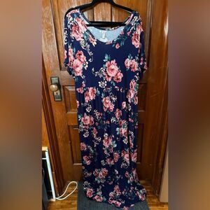 Grecerelle Maxi Dress 3XL Navy Blue Floral Short Sleeve Jersey Plus Size EUC